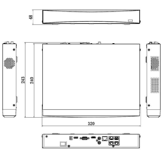 Rysunek techniczny rejestratora PoE 4 kanałowego IP Hikvision DS-7604NXI-K1/4P(D)